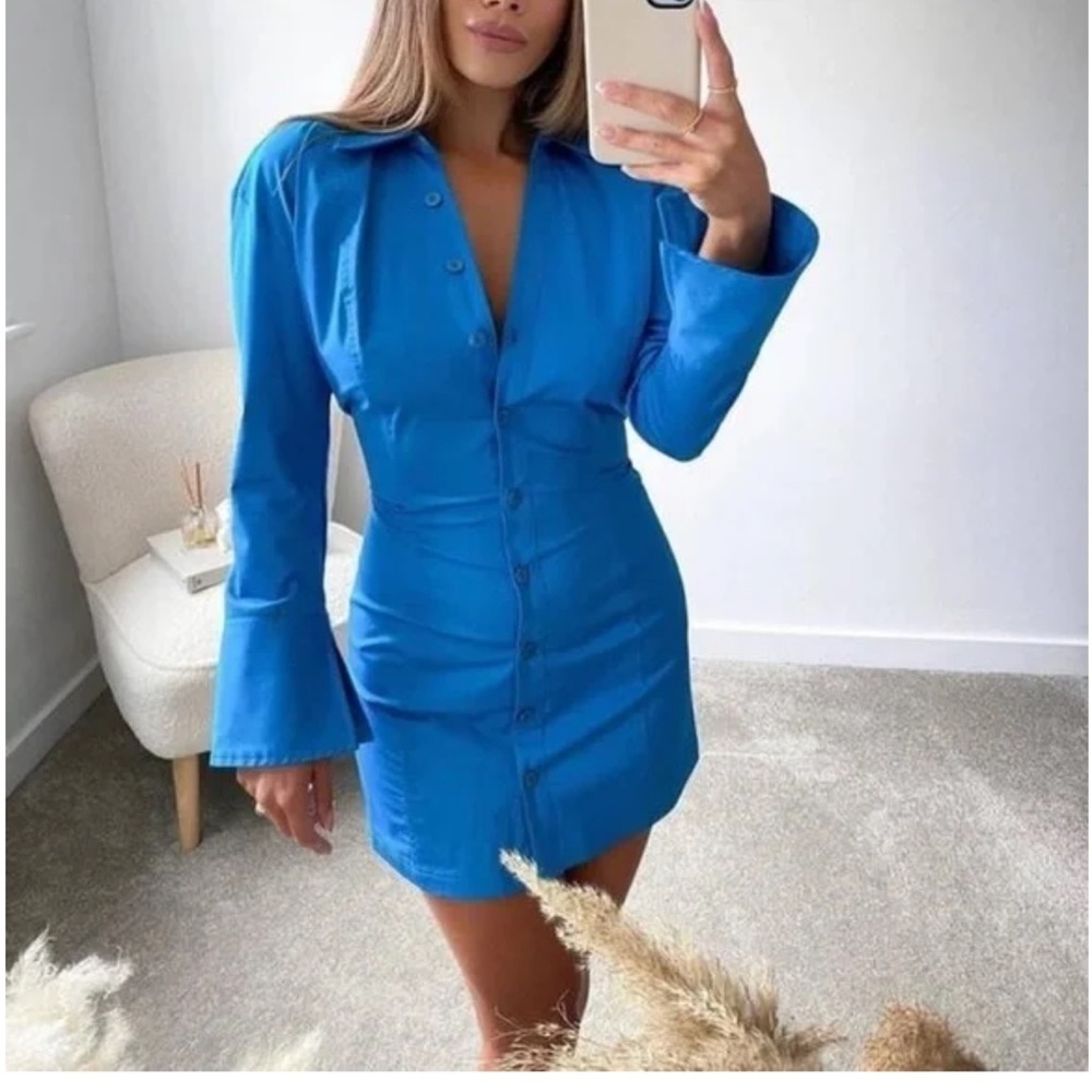 Zara Blogger Fav Blue Button Down Cinched Waist Shirt Dress Flare Sleeves Medium